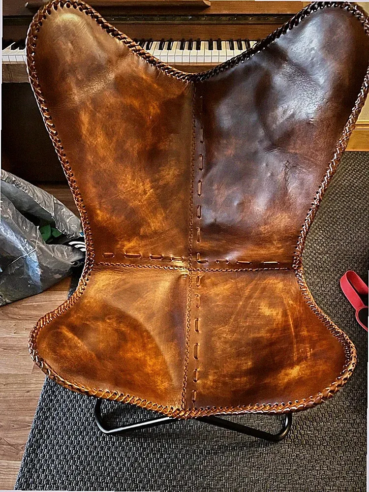 Authentic Genuine Leather Butterfly Chair Retro Handmade Accent Chair
