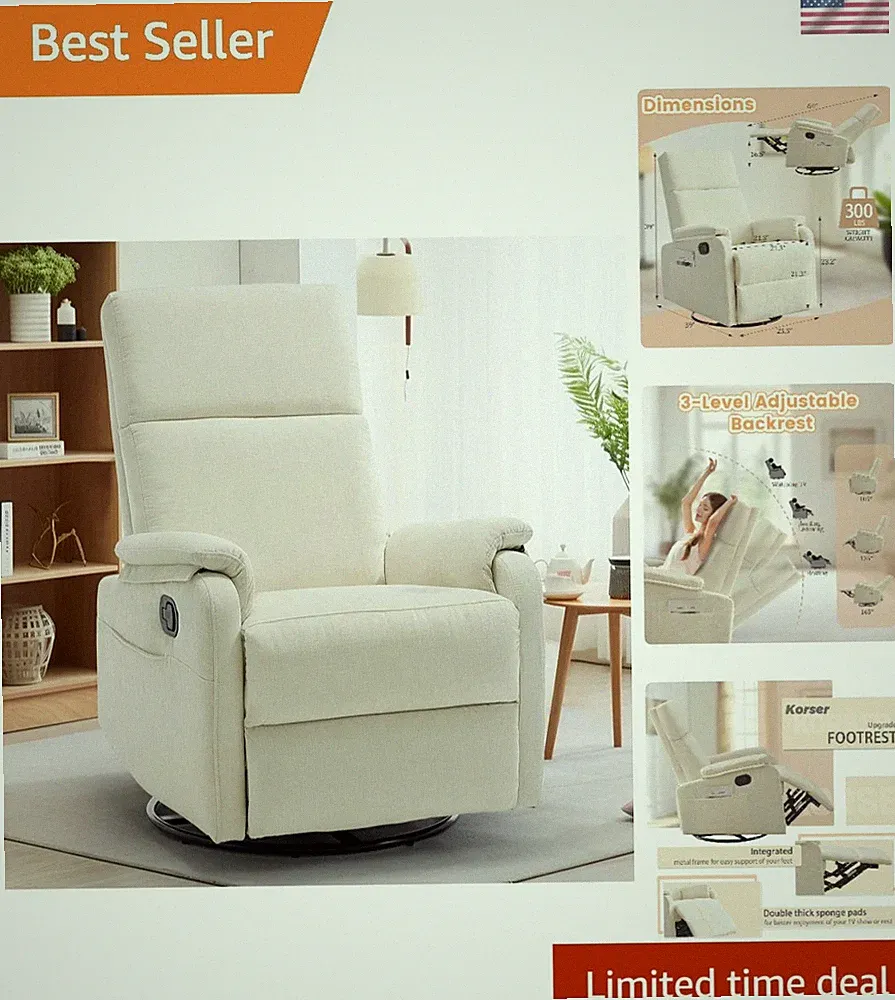 Swivel Rocking Recliner Chair for Adults Modern Chenille Small Nursery Beige