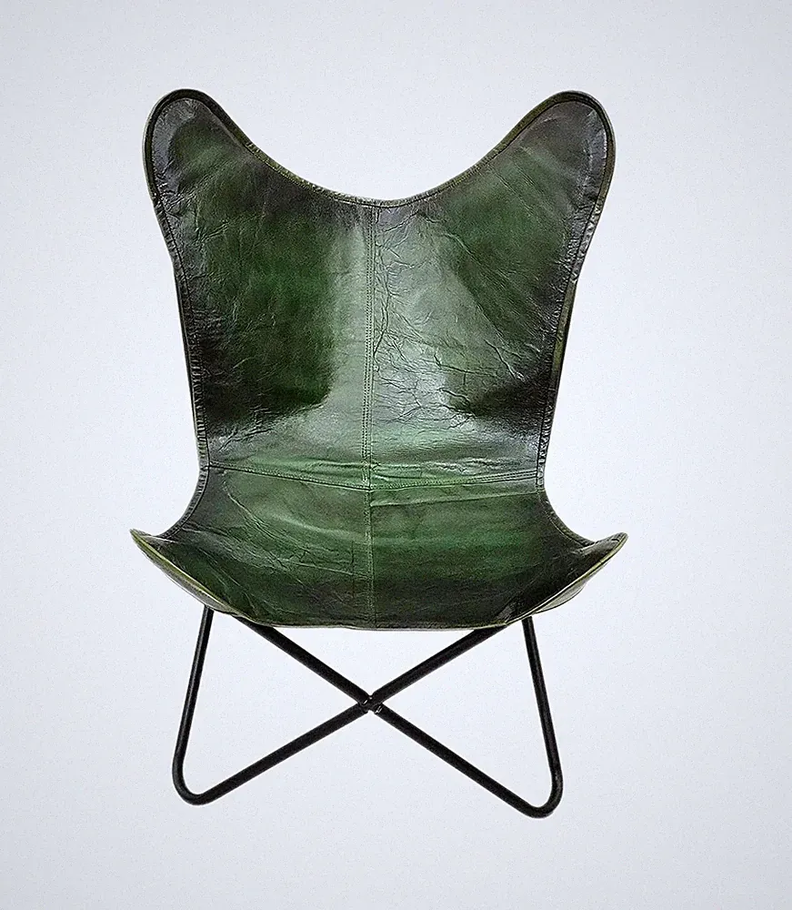 Vintage Buffalo Natural Green Leather Butterfly Chair Folding Lounge AccentChair